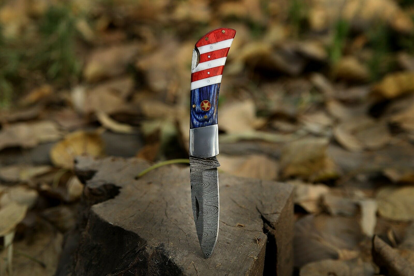 Custom Handmade Damascus Folding-Pocket Knife With American Flag Handle