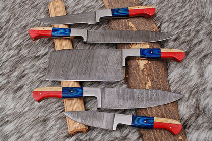 HS-181 Custom Handmade Damascus Steel Chef/Kitchen Knives Set lot of 5 - Hard Wood Handle