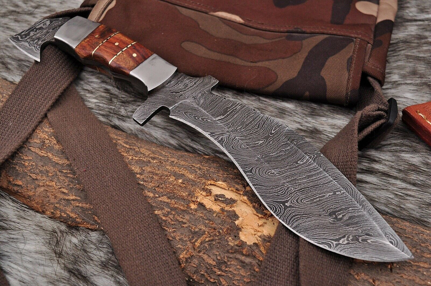 HS-871 Custom Handmade Damascus Steel 12 Inch Kukri Knife - Awesome Hard Wood Handle