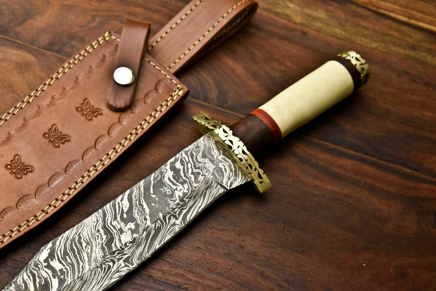 HS-332 | Custom Handmade Damascus Steel Hunitng/Bowie Knife - Camel Bone Handle