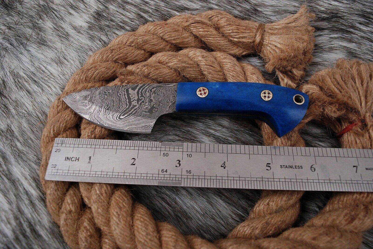 HS-737 Custom Handmade Damascus Steel Mini Skinner Knife - Blue Bone Handle