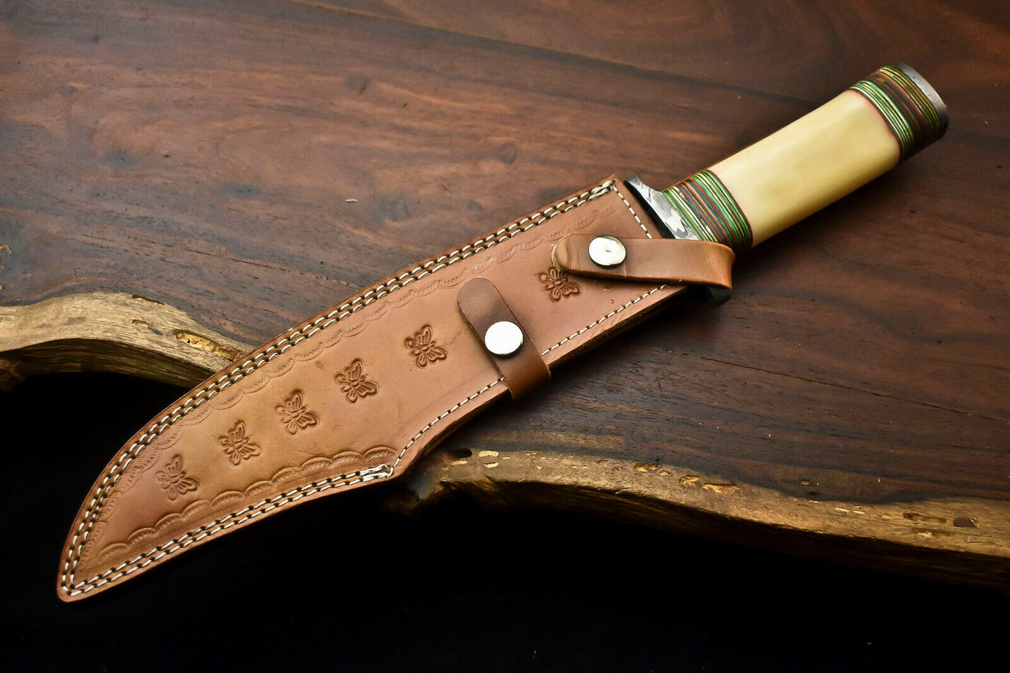 HS-335 | Custom Handmade Damascus Steel Hunting Bowie Knife - Camel Bone Handle