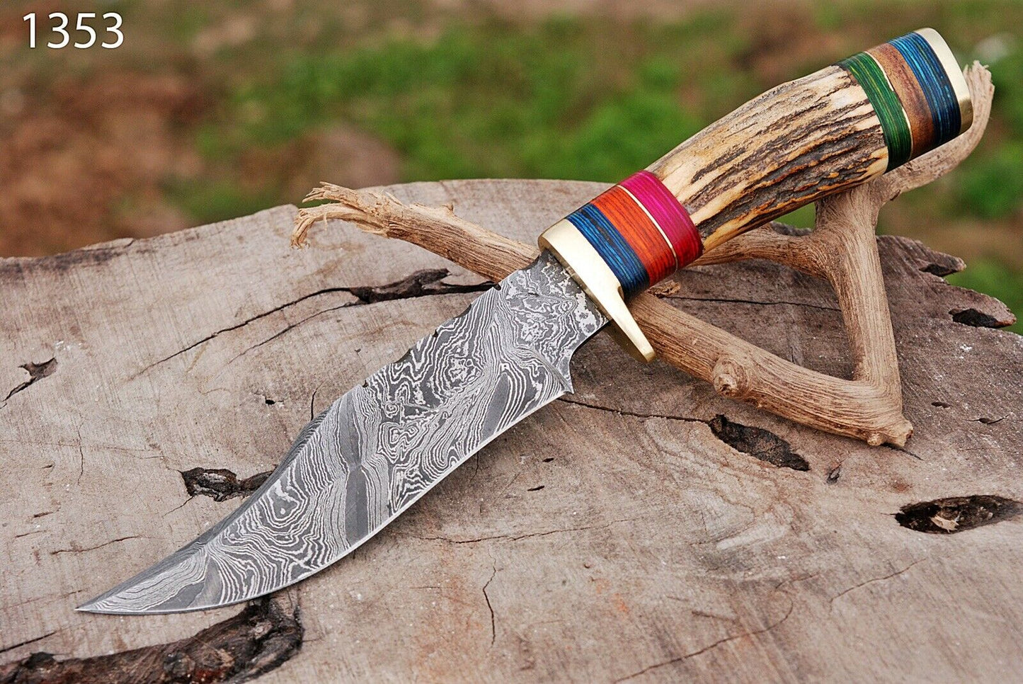 HS-448 | Custom Handmade Damascus Steel Hunting Knife - Stag + Hard Wood Handle