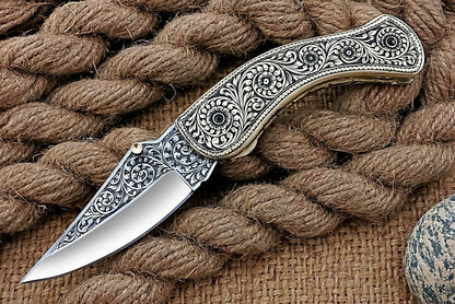 Hand Engraved Brass Handle Folding Pocket Knife — Lifetime Use