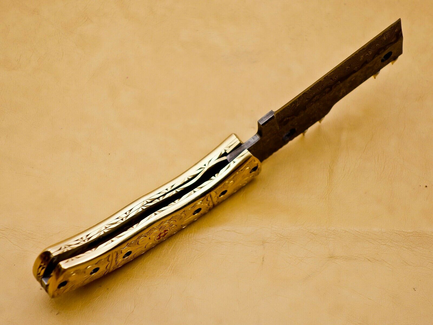 Custom Handmade Damascus Folding-Pocket Knife With Brass Engraved Handle