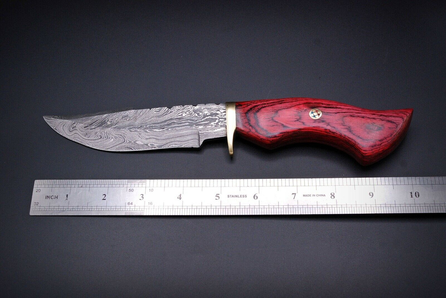 HS-444 | Ten Inch Custom Handmade Damascus Steel Hunting knife - Red Wood Handle
