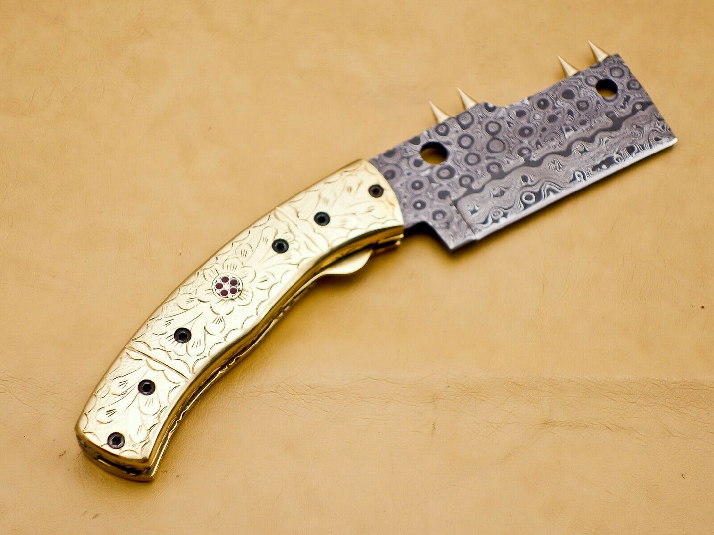 Custom Handmade Damascus Folding-Pocket Knife With Brass Engraved Handle