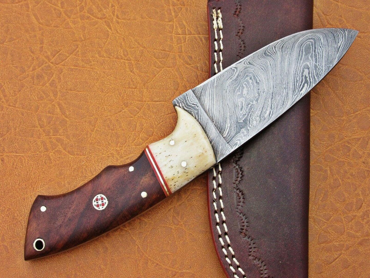 HS-776 Custom Handmade Damascus Skinner Knife With Camel Bone & Wood Handle