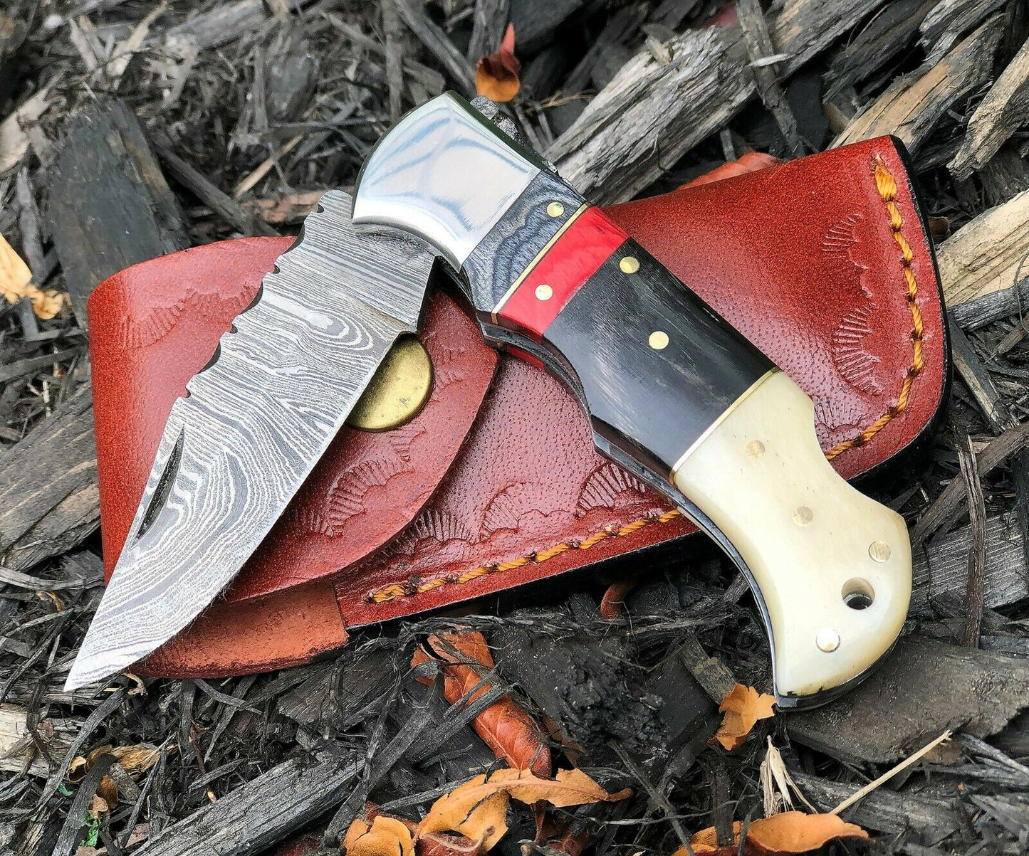 Custom Handmade Damascus Steel Back-Lock Pocket | Folding Knife | Leather Sheath- Different Handle