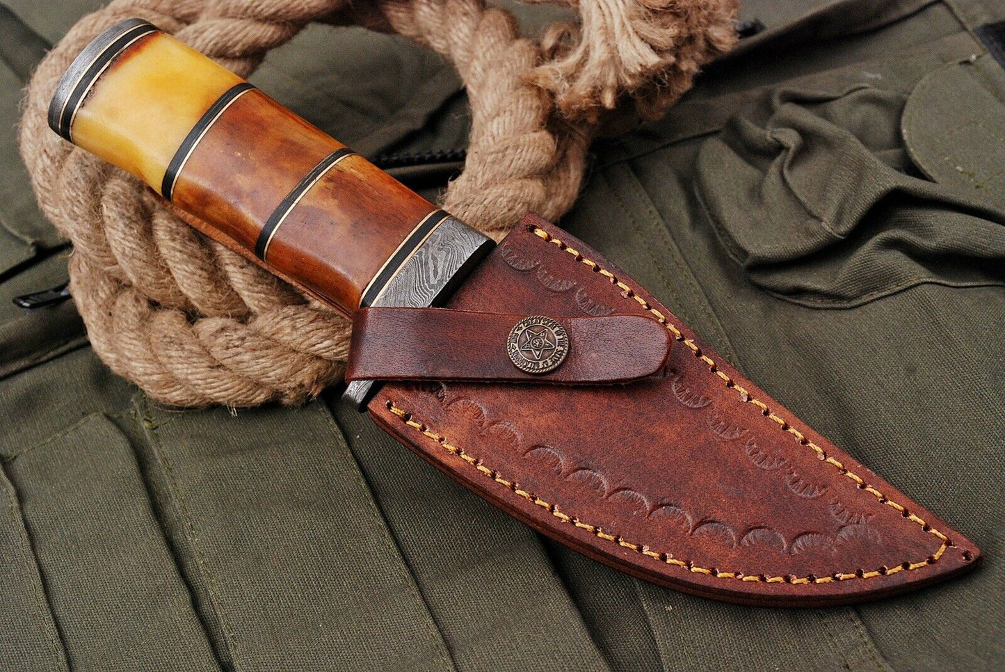 HS-500 Custom Handmade Damascus Hunting Knife With Camel Bone  Handle
