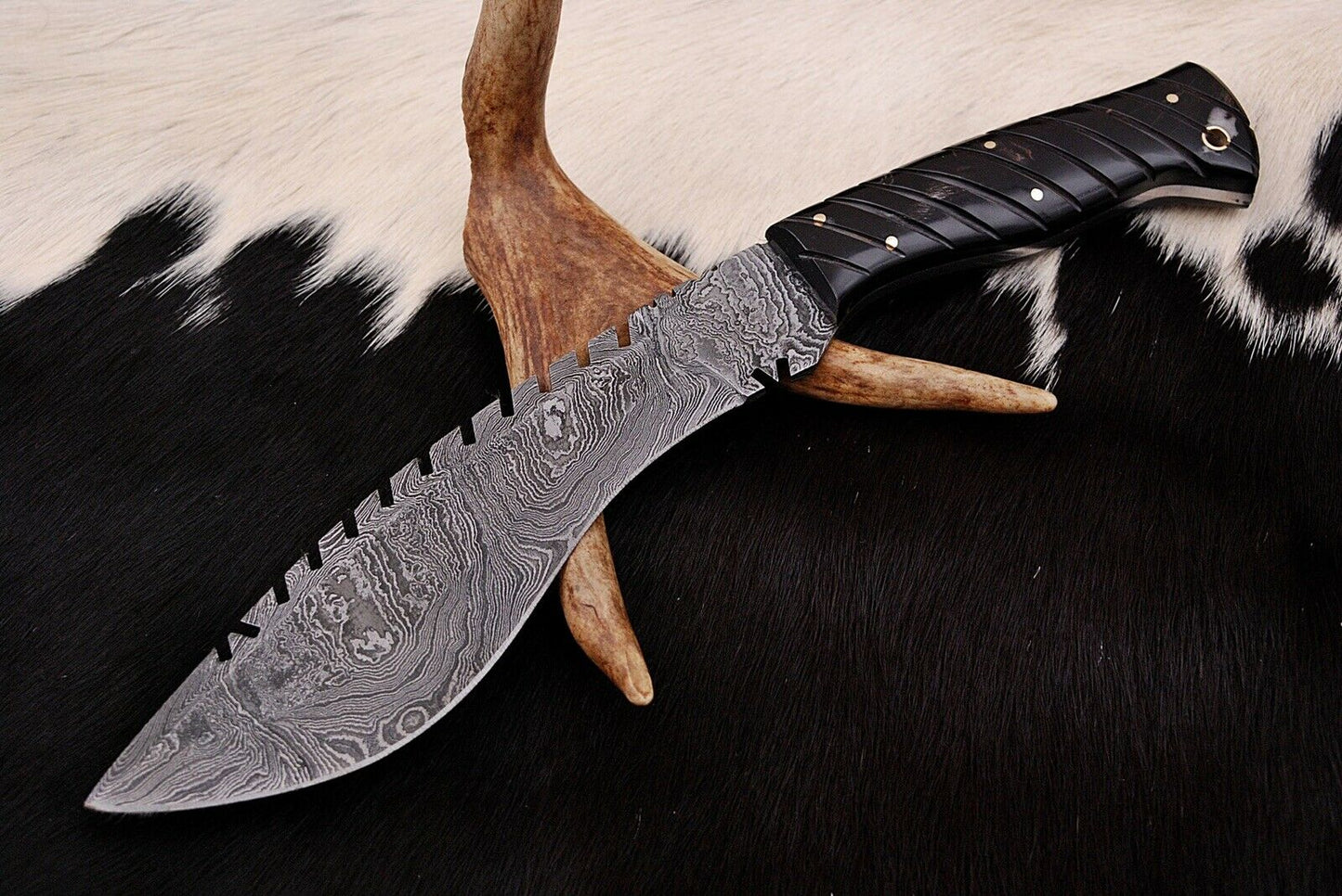 HS-881 Custom Handmade Damascus Hunting/Kukri Knife With Black Sheet Handle