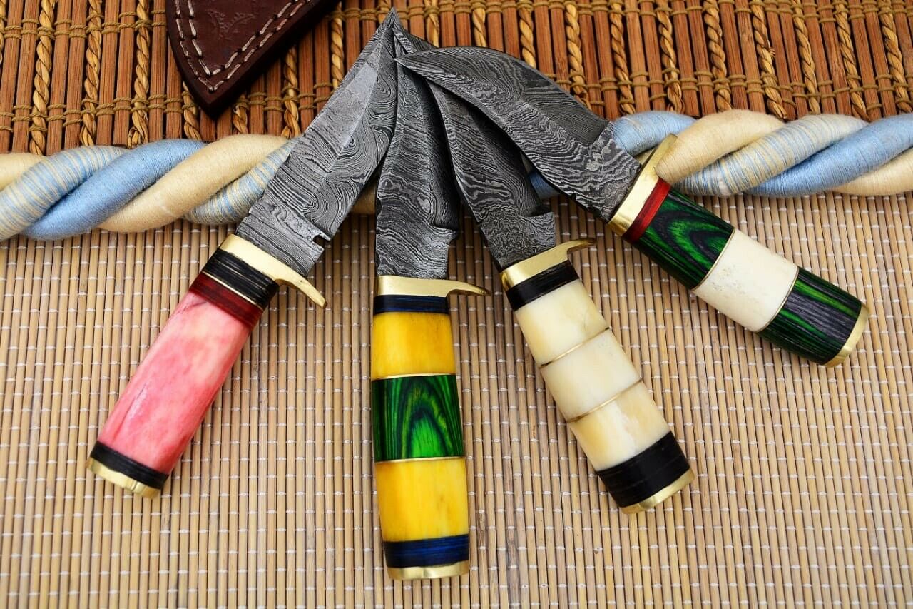 HS Deal 05 - Custom Handmade Damascus Skinner Knife Lot of Four Pecs With Different Handles