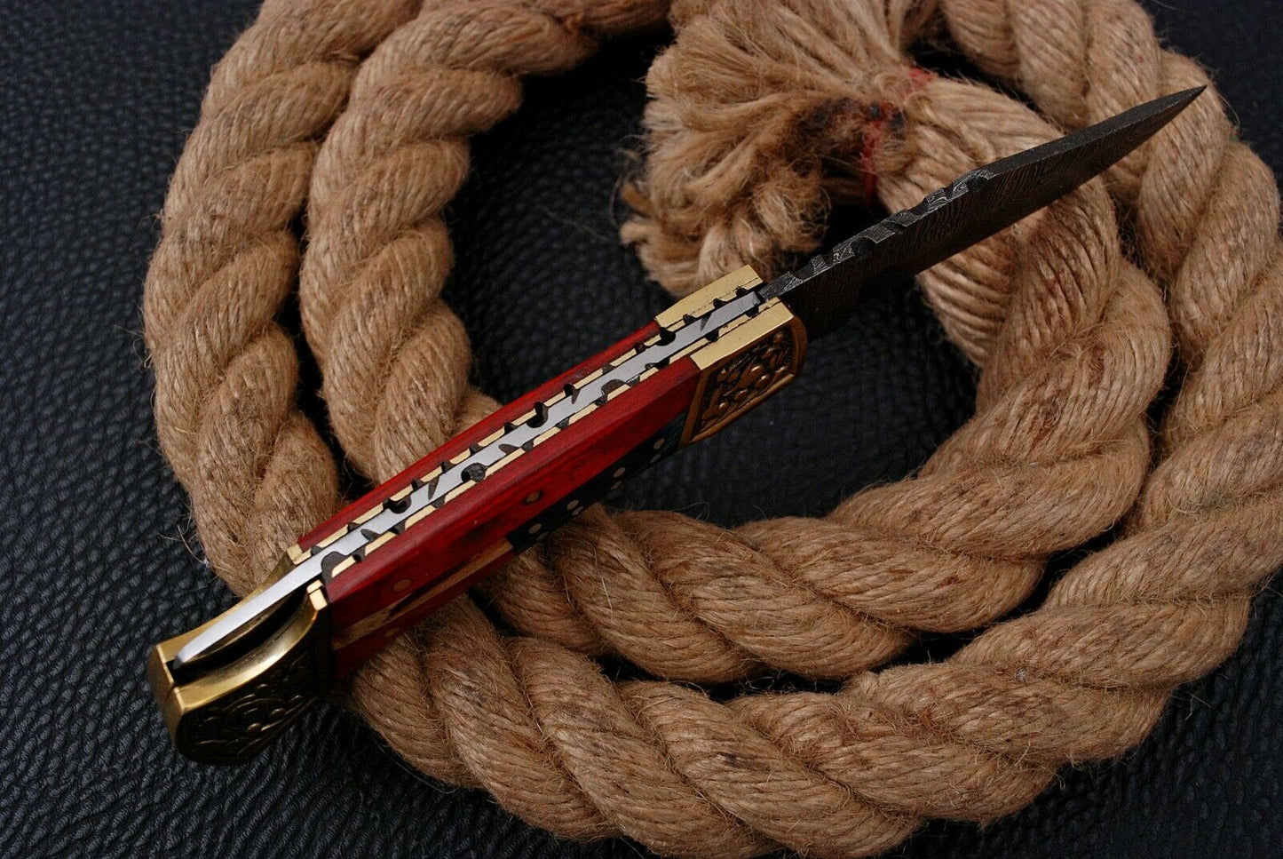 Custom Handmade Damascus Pocket Knife + Engraved Bolster And Wood Handle