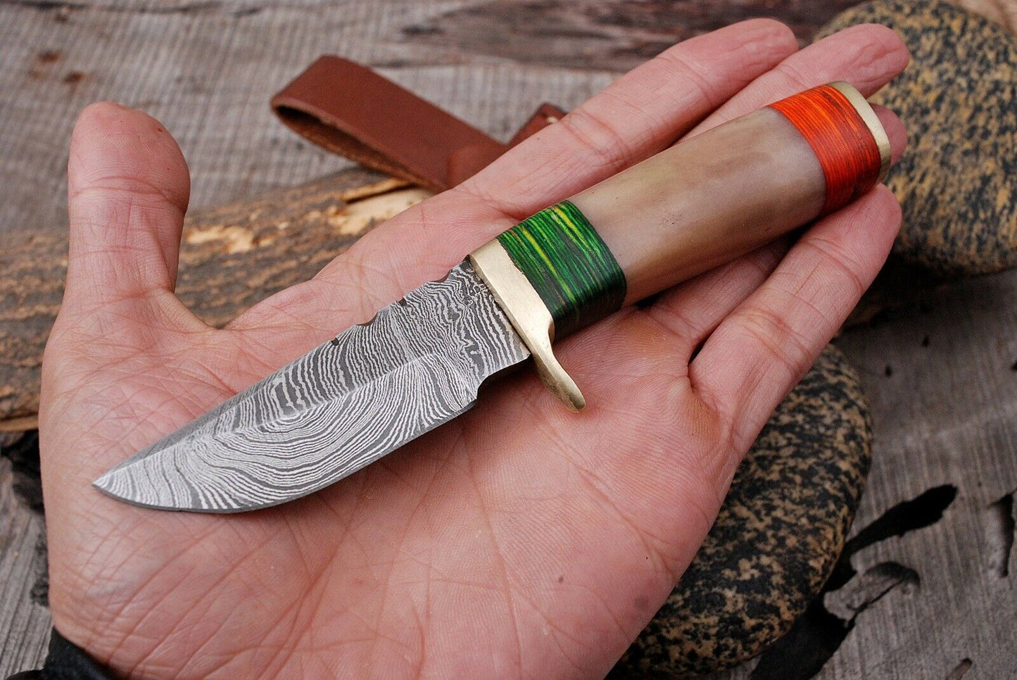 HS-794 Six Inch Custom Handmade Damascus Skinner Knife With Wood & Bone Handle
