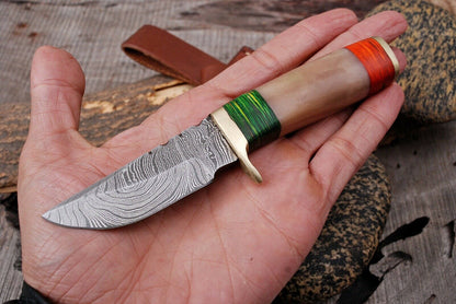 HS-794 Six Inch Custom Handmade Damascus Skinner Knife With Wood & Bone Handle
