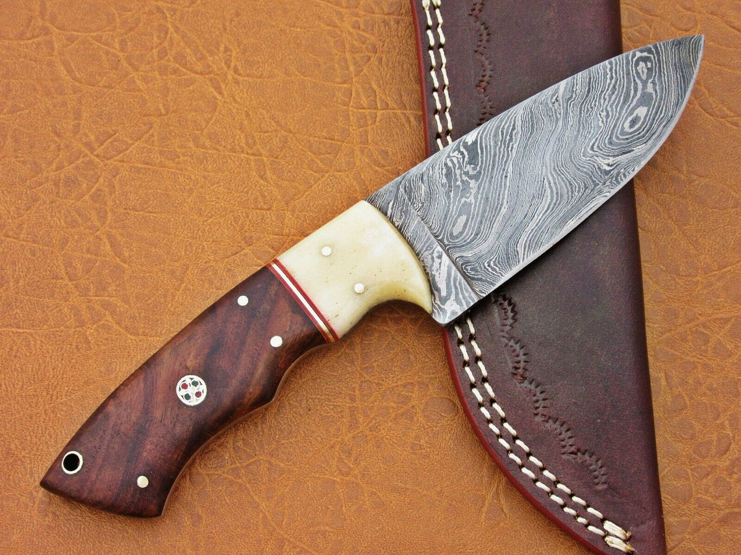 HS-776 Custom Handmade Damascus Skinner Knife With Camel Bone & Wood Handle