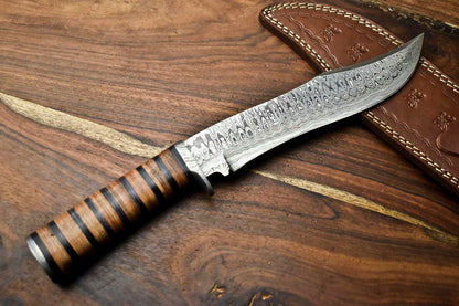 HS-316 Custom Hand Made Damascus Steel Blade Bowie Hunting Knife | LEATHER
