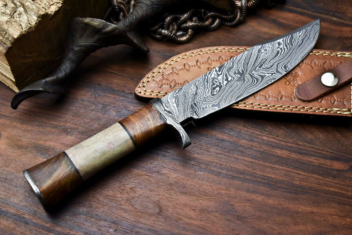 HS-327 | Custom Handmade Damascus Steel Hunitng/Bowie Knife - Wood + Bone Handle