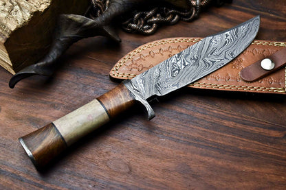 HS-327 | Custom Handmade Damascus Steel Hunitng/Bowie Knife - Wood + Bone Handle