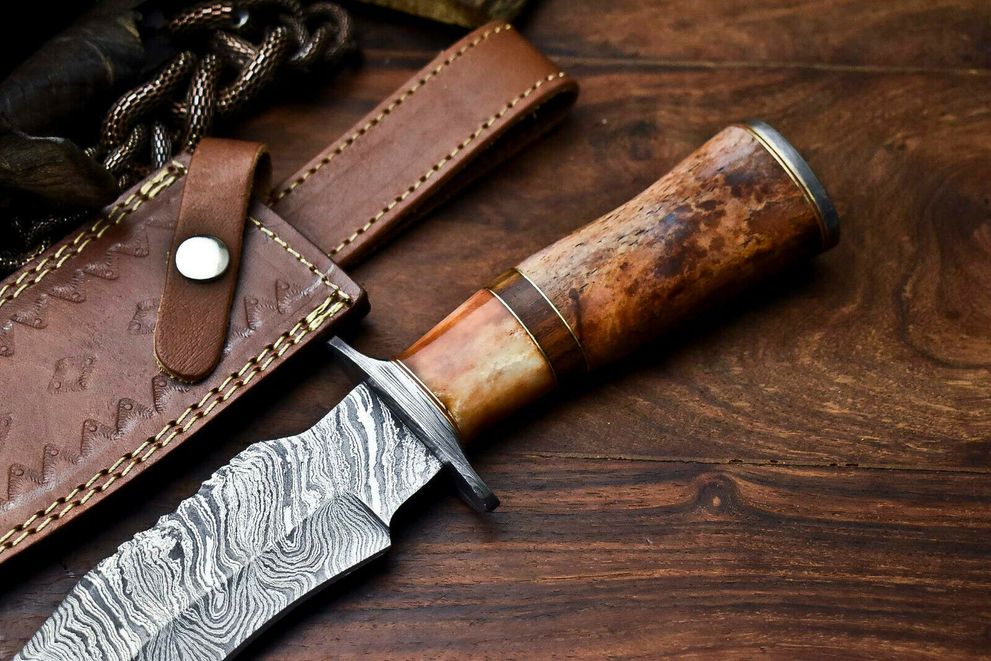 HS-410 | Custom Handmade Damascus Steel Hunting Knife - Camel Bone Handle