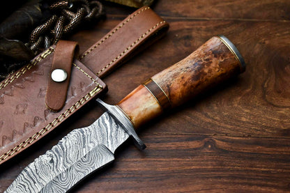HS-410 | Custom Handmade Damascus Steel Hunting Knife - Camel Bone Handle