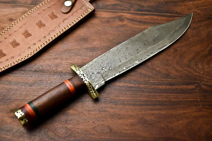 HS-411 | Custom Handmade Damascus Steel Hunting/Bowie Knife - Wood Handle