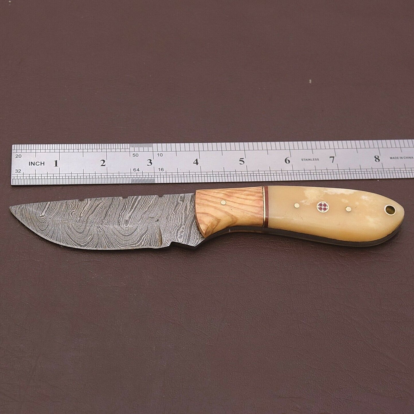HS-778 Custom Handmade Damascus Skinner Knife With Bone + Wood Handle