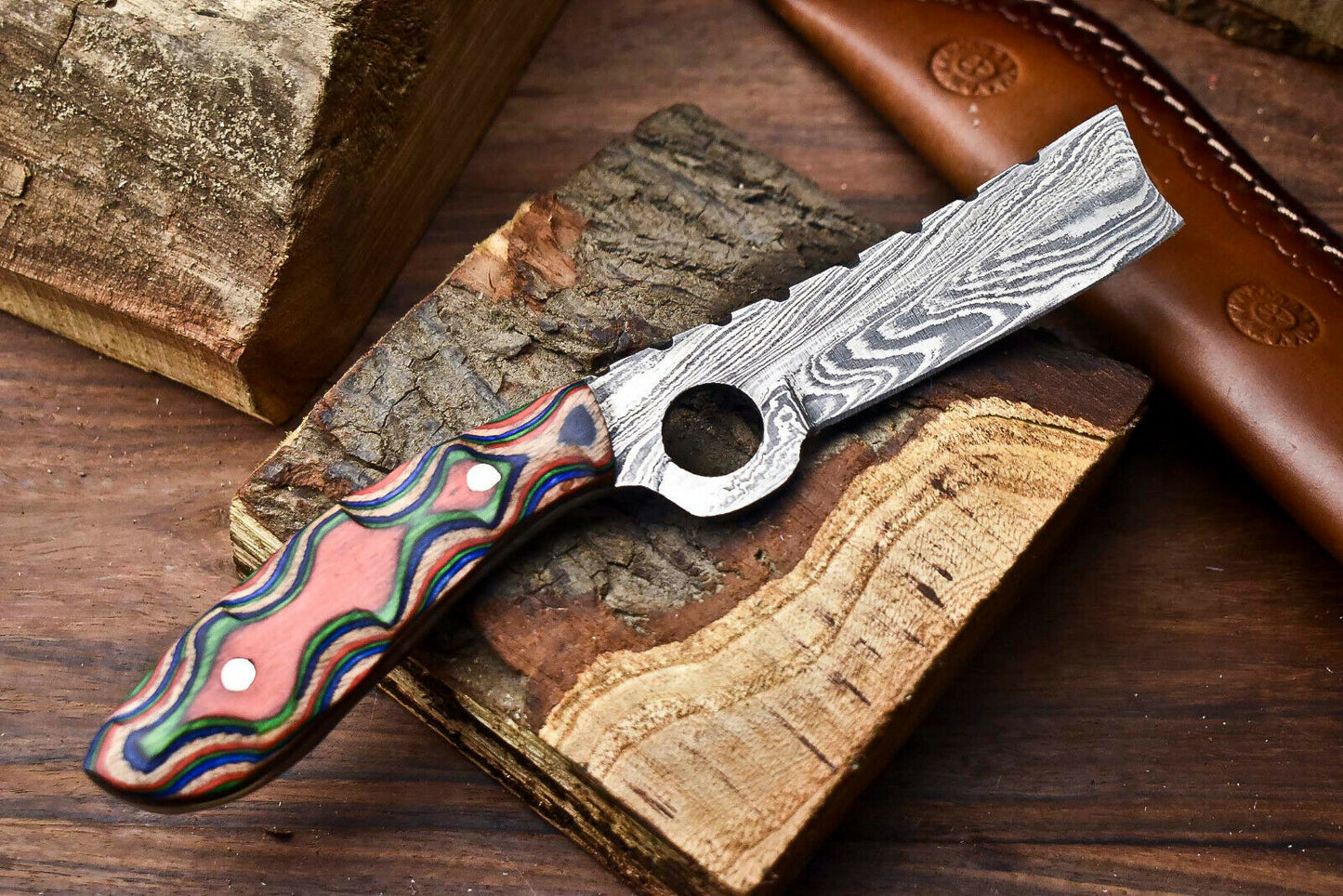 HS-999 | Custom Handmade Damascus Steel Bull Cutter Knife - Beautiful Hard Wood Handle