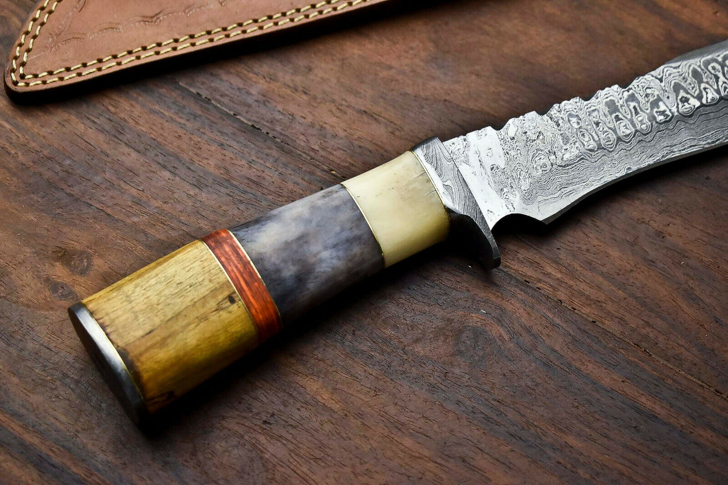 HS-325 | Custom Handmade Damascus Steel Bowie/Hunting Knife - Colour Camel Bone Handle