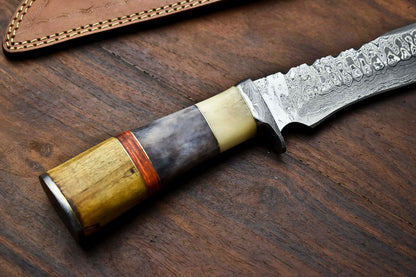 HS-325 | Custom Handmade Damascus Steel Bowie/Hunting Knife - Colour Camel Bone Handle