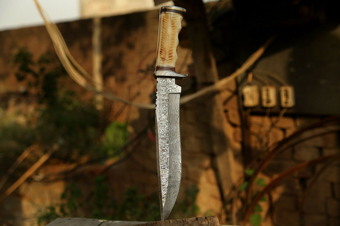 HS-303 15'' Hand Forged Bowie Knife, Beautiful Bone Handle, Damascus knife with sheath