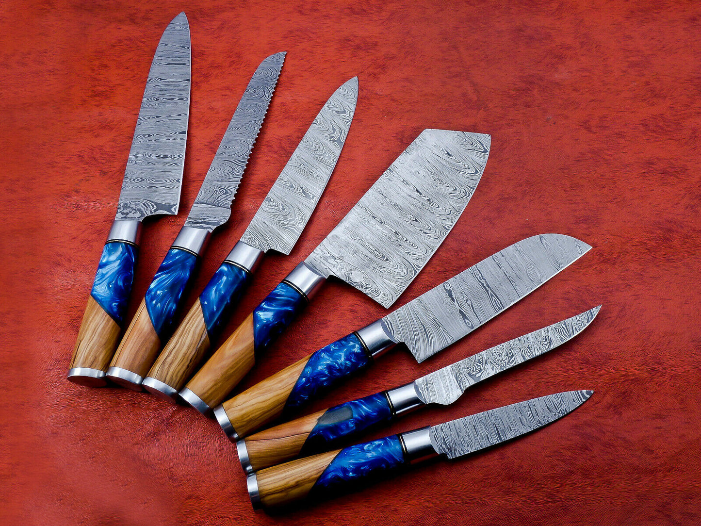 Hs-137 Unique Epoxy and Wooden Handle 7Pc's Chef Set of Custom Handmade Damascus Steel