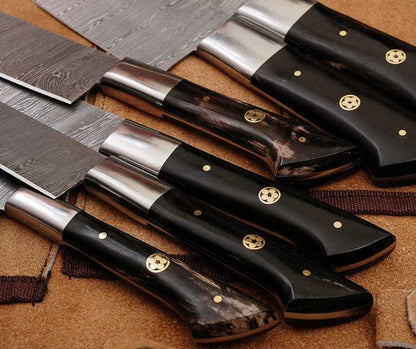 HS-184 Custom Handmade Damascus Kitchen Knife Set With Buffalo Horn Handle