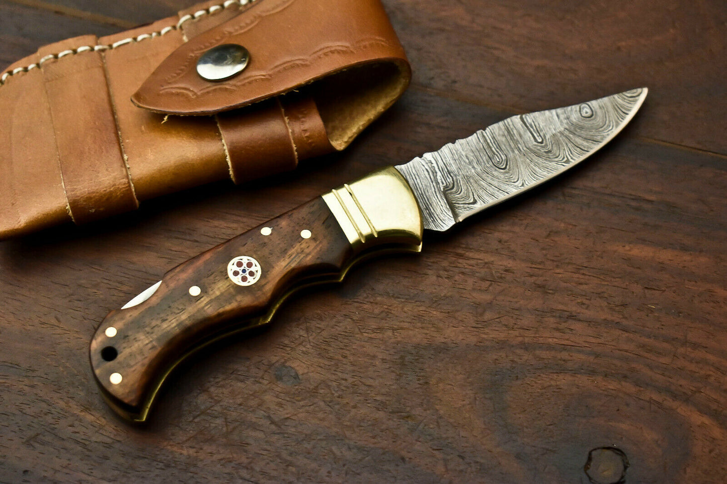 Custom Handmade Damascus Steel Pocket Folding Knife - Beautiful Walunt Wood Handle