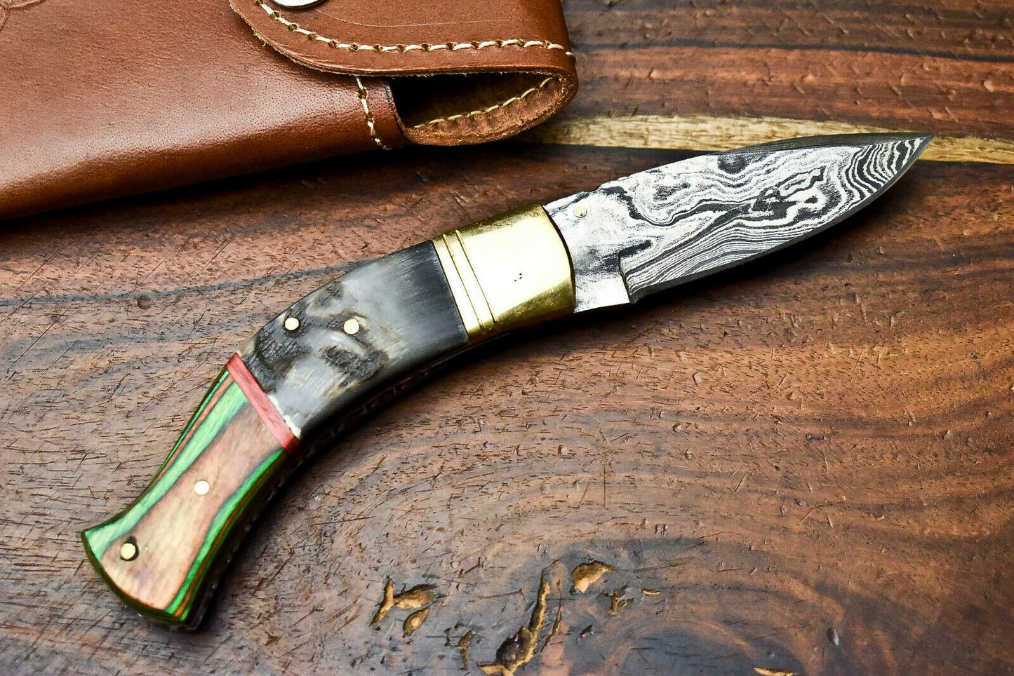 HS Cutlery | Custom Handmade Damascus Steel Blade Liner-Lock Pocket Folding Knife| Ram Horn