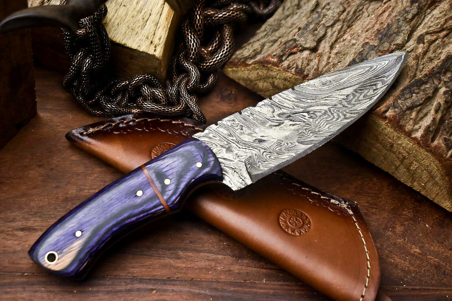 HS-704 Custom Handmade Damascus Steel Skinner Knife - Beautiful Wood Handle