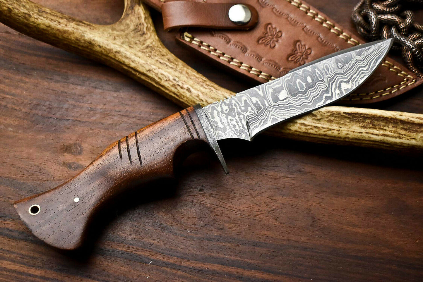 HS-408 | Custom Handmade Awesome Wood Handle Damascus Steel Hunting Knife - Great Price