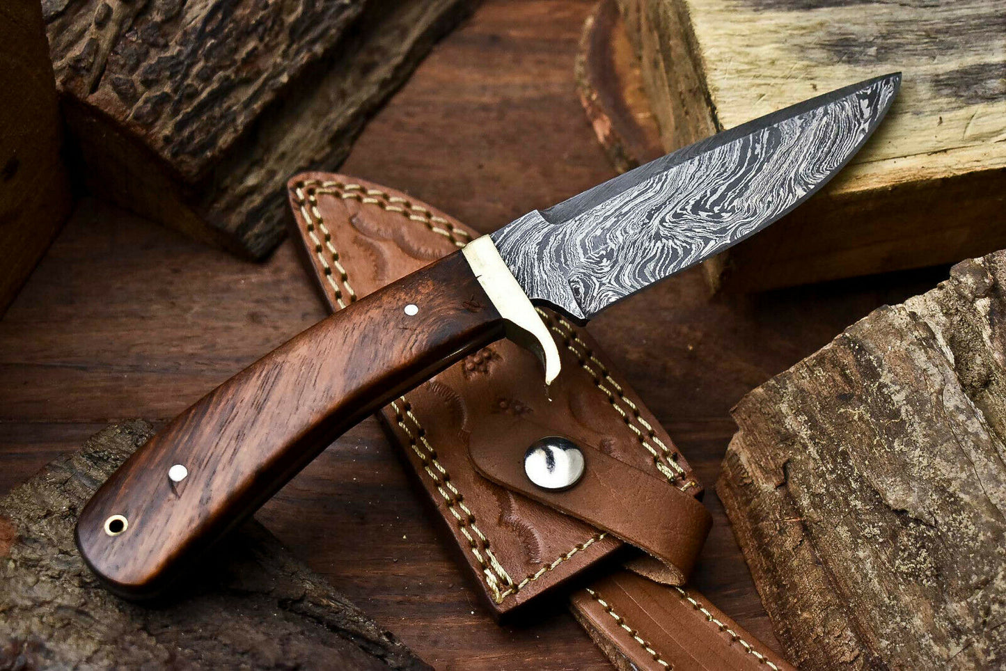 HS-400 | Custom Handmade Damascus Steel Hunting Camping Knife - Beautiful Wood Handle