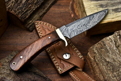 HS-400 | Custom Handmade Damascus Steel Hunting Camping Knife - Beautiful Wood Handle
