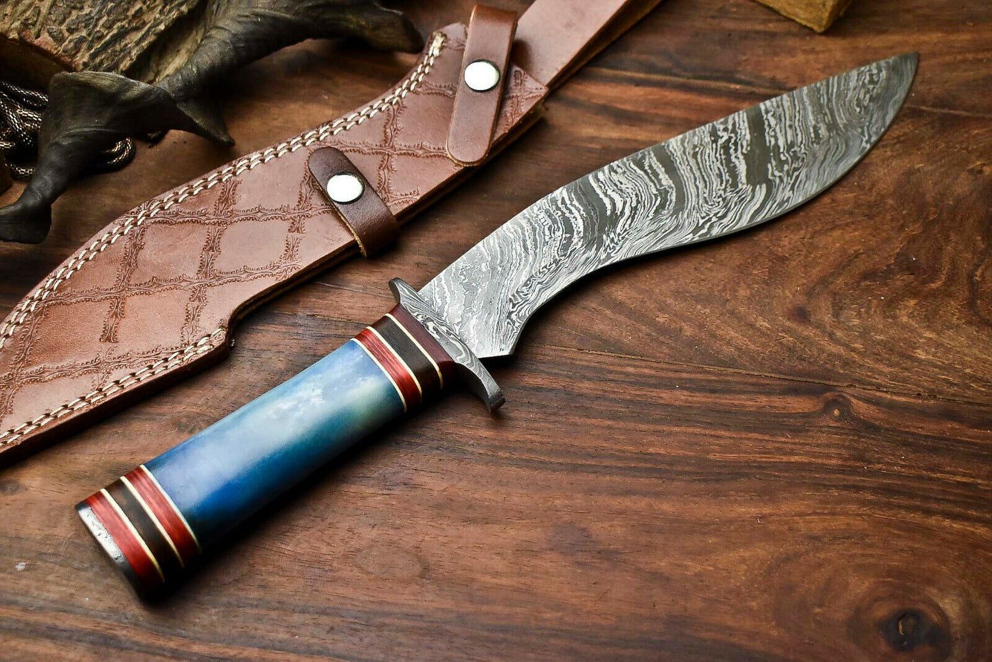 HS-864 Custom Handmade Damascus Steel Hunitng/Kukri Knife - Wood & Bone Handle