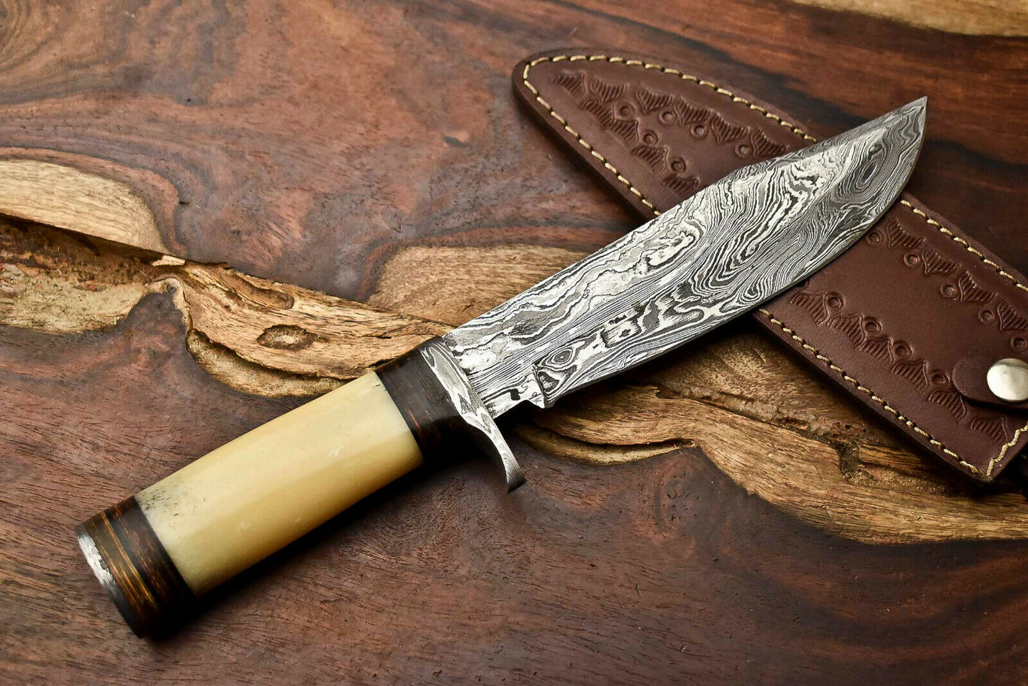 HS-323 Custom Handmade Damascus Steel Bowie Hunting Camping Knife - Beautiful Wood Handle