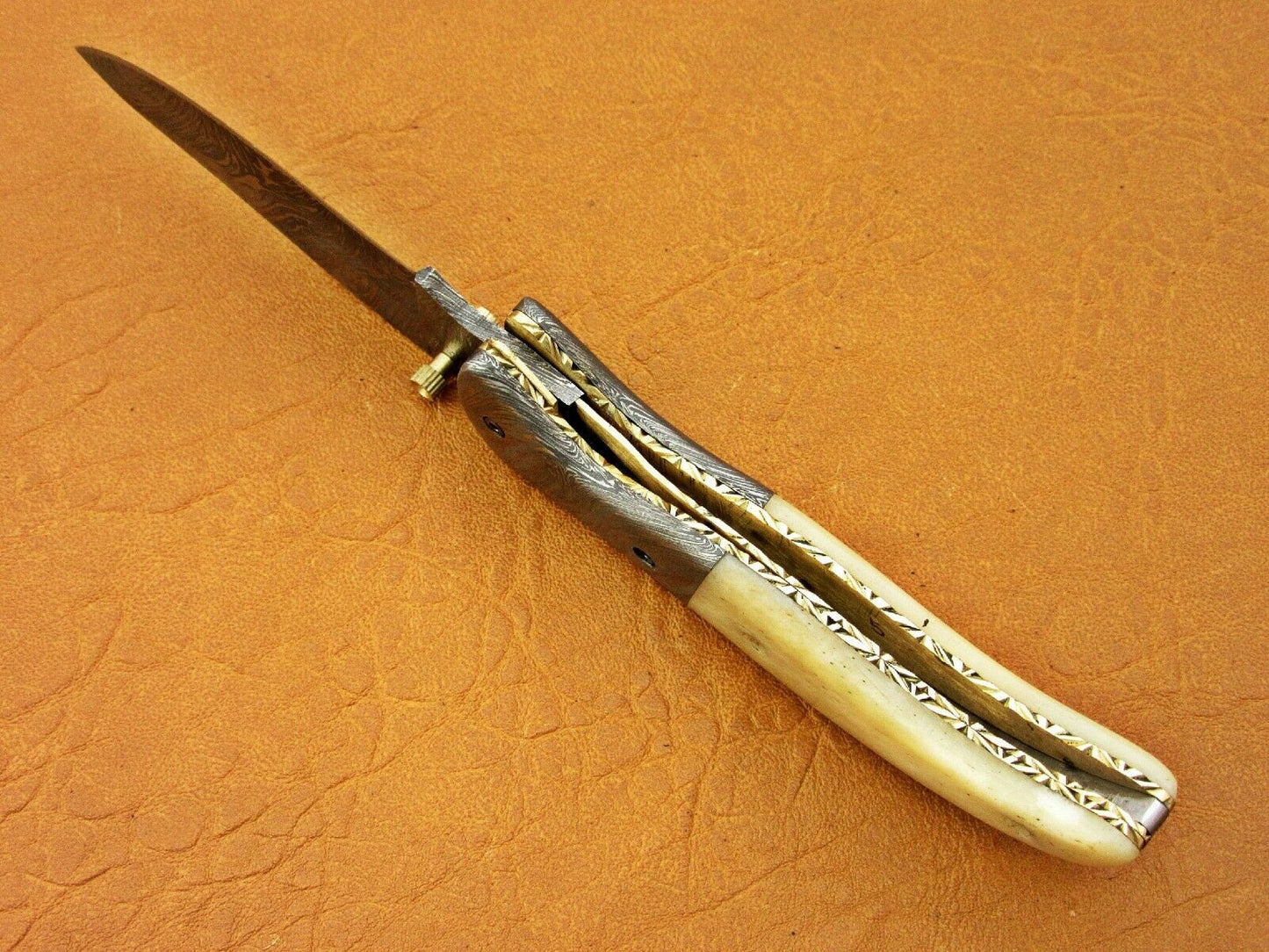 Custom Handmade Damascus Folding-Pocket Knife With Camel Bone Handle