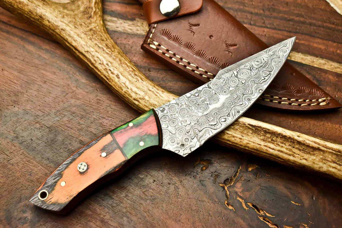 HS-606 Handmade Damascus Skinning Blade Camping Full Tang Knife