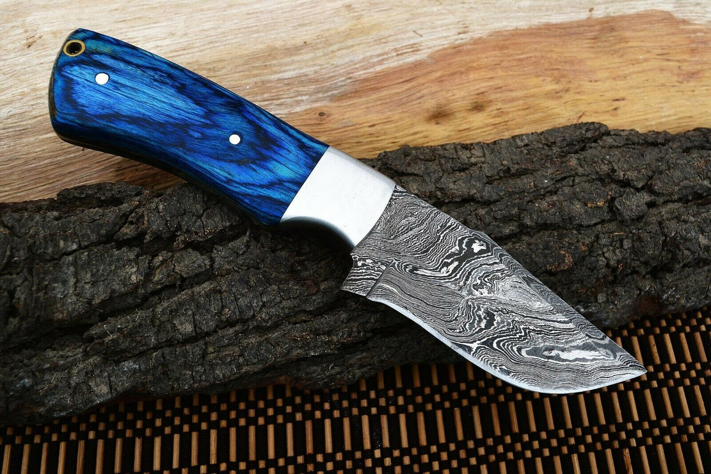 HS-798 Custom Handmade Damascus Skinner Knife With Awesome Blue Hard Wood Handle