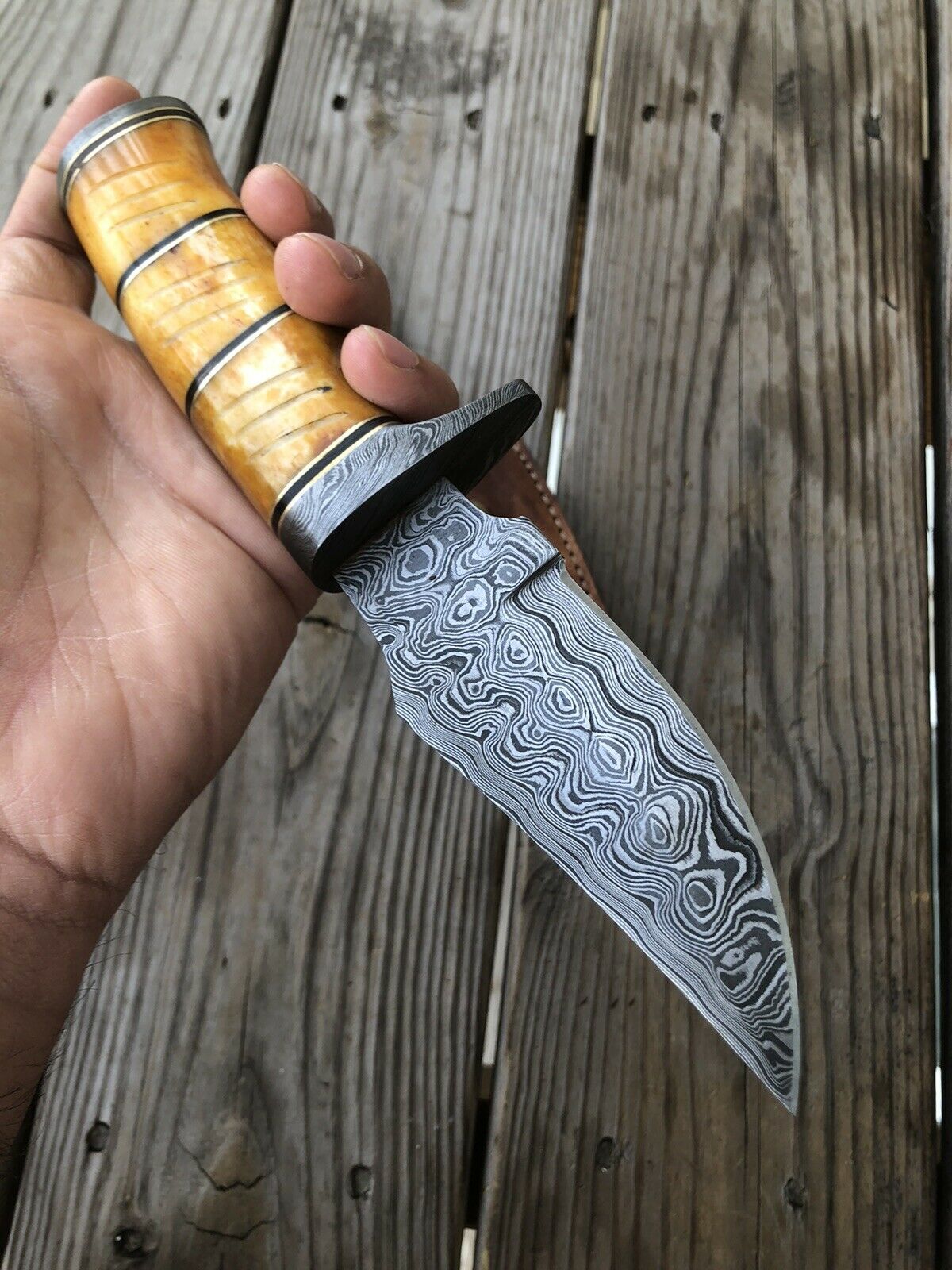 HS-461 Custom Handmade High Carbon Damascus Steel Hunting Camping Best Knife - Awesome Colour Camel Bone Handle