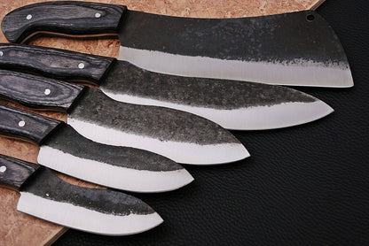 HS-185 Custom Handmade High Carbon Steel Chef-Kitchen Knife Set With Hard Wood Handle