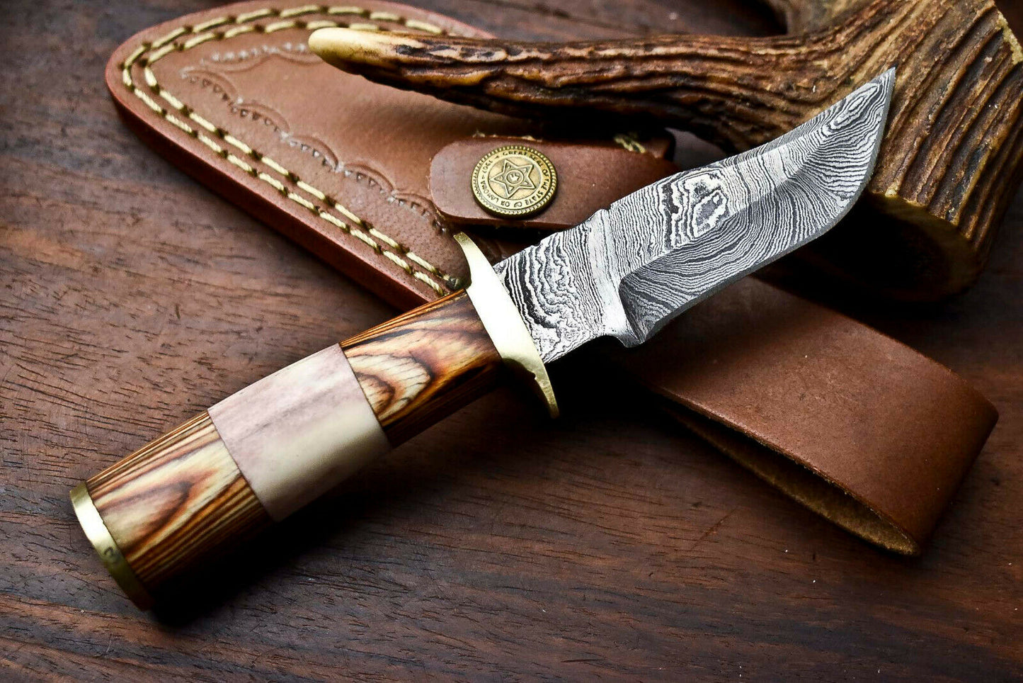 HS-413 | Custom Handmade Damascus Steel Hunting Knife - Hard Wood Handle