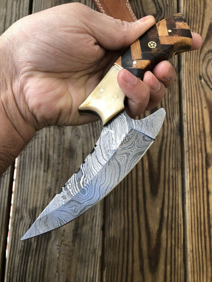 HS-434 | Custom Handmade Damascus Hand Forged Hunting Knife - Wood Bone Handle