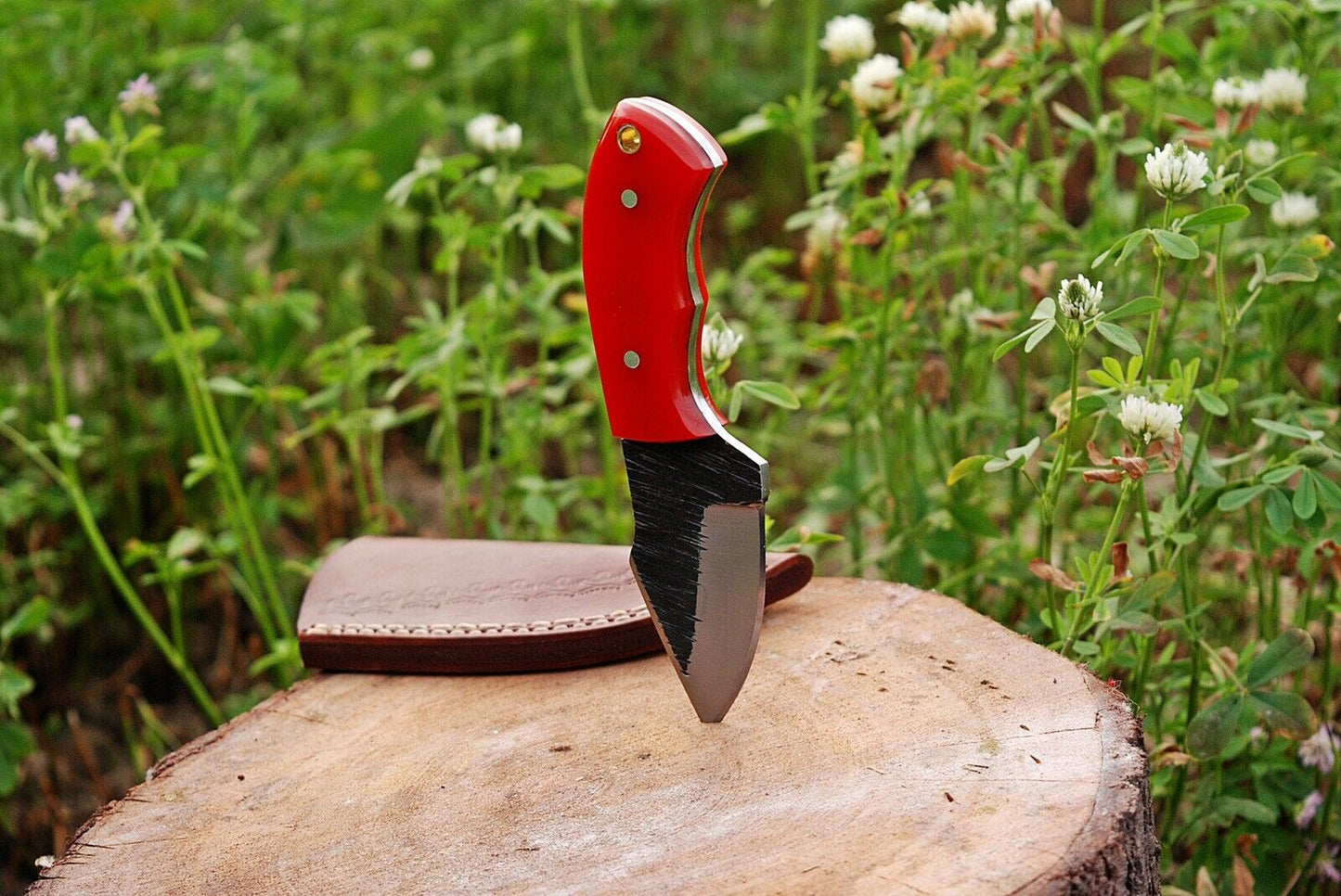 HS-733 Custom Handmade High Carbon Railrod Steel Mini Skinner Knife - Red Sheet Handle