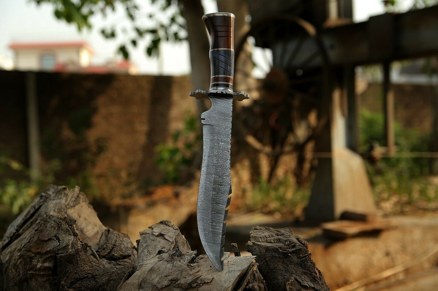 HS-309 '' Damascus Steel Hunting Bowie Knife 15" Walnut Wood And Bone Handle